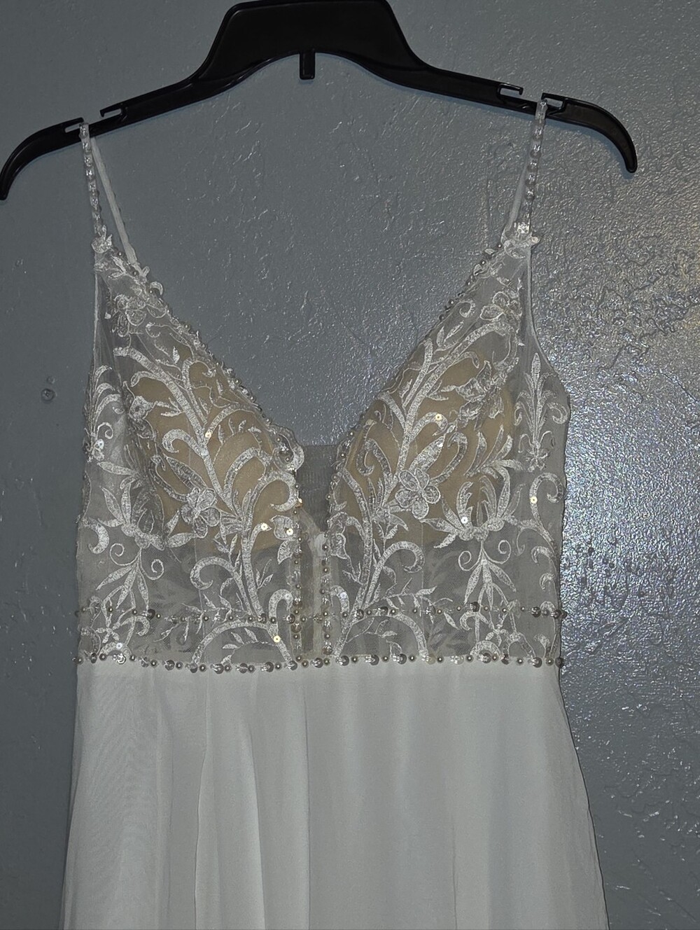 JJs House Ivory Floral Sequin A-Line Wedding Dress with Spaghetti Straps NWT - Picture 4 of 9